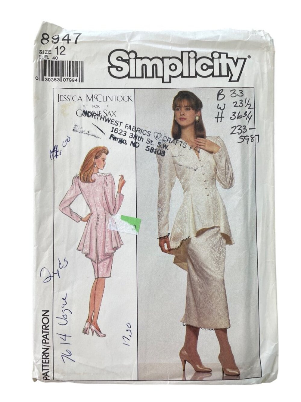 Vintage 80s Simplicity 8947 Dress Pattern Size 12 Jessica McClintock Retro UNCUT